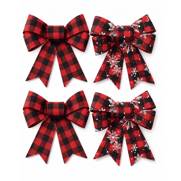 Buffalo Plaid Christmas Bows with Snowflakes Red and Black Holiday Decorations 4-Pack