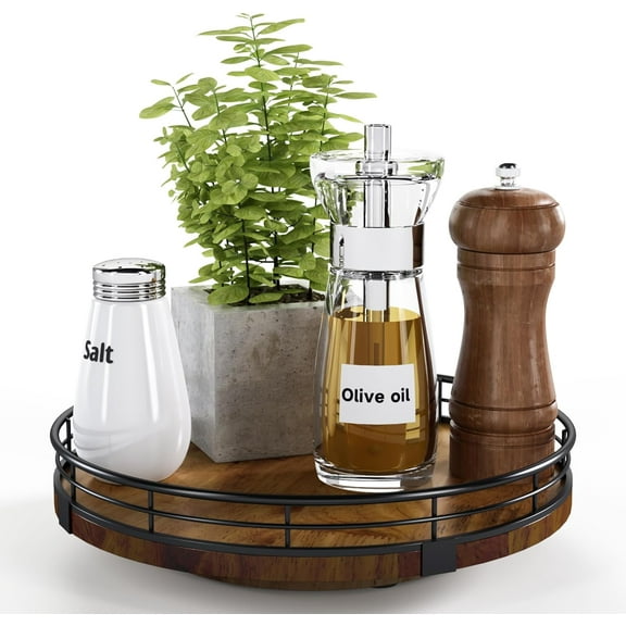 Farmhouse Oak 9" Lazy Susan Turntable Organizer for Cabinet, Round Wooden Lazy Susan Organization and Storage for Dining Table, Pantry, Kitchen, Countertop, Cupboard,Home Decor, Walnut Wood