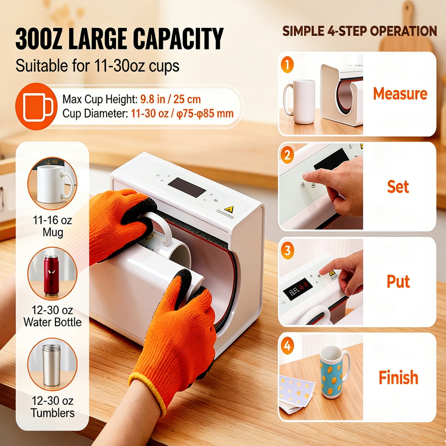 Auto Tumbler Heat Press Machine With Tape and Glove For 11-30oz Tumblers