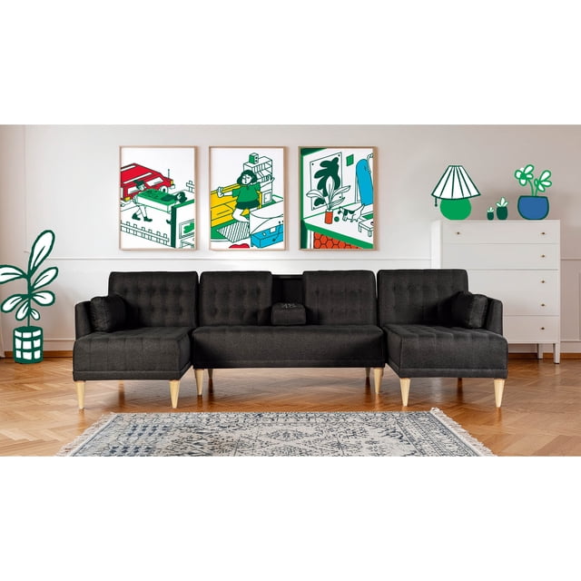 Sala Modular Doble Chaise Makora Boyd con Memory Foam y Respaldo Ajustable Lino Negro
