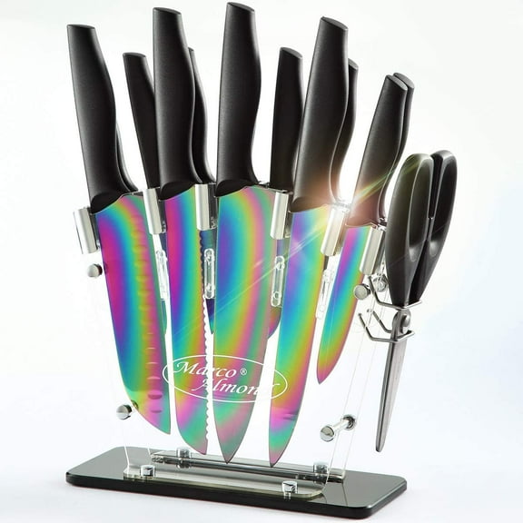 Rainbow Knife Set,Marco Almond KYA35 14 PCS Kitchen Knife Set,Titanium Coating for Anti-rusting, Super Sharp Cutlery Knife Set with Acrylic Stand,Stainless Steel