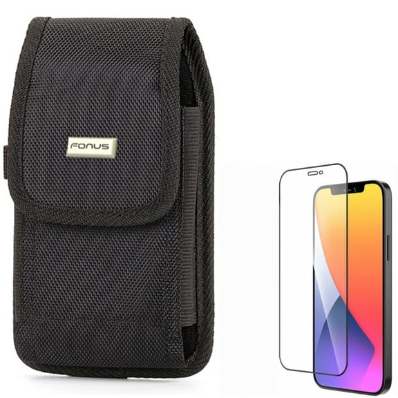 Screen Protector & Case Belt Clip for iPhone 12 Pro Max ONLY - Anti-Glare Tempered Glass Matte 3D Curved Edge   Rugged Holster Canvas Cover Pouch Combo