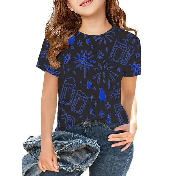 Kids Girls T Shirts Black Printed Short Sleeve Shirt for Girls Crewneck Teen Girl Summer Clothes Tops for Girls 6-7 Years