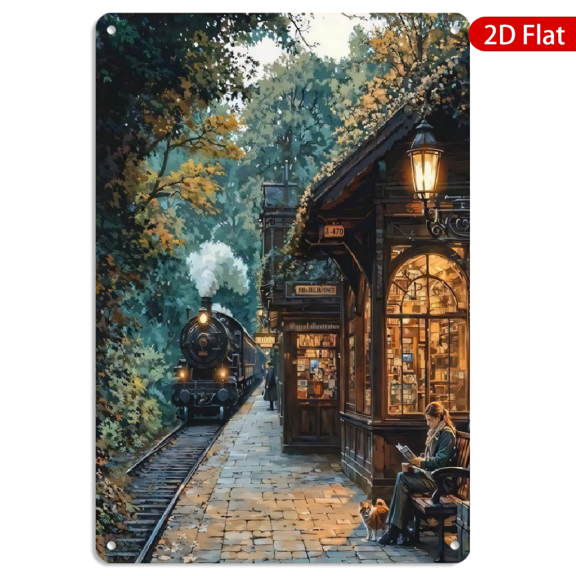8x12 Inch Metal Wall Art, Vintage Steam Train and Autumn Forest Scenery with Woman Reading on Platform, Decorative Rectangular Iron Sign for Home Office Cafe Wall Decor 1pc
