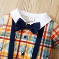 thumbnail image 4 of Jerdar Baby Boys Girls Rompers, Infants Pure Cotton Coverall, Lapel Gentleman Bowknot Strap Jumpsuit, Stitching Plaid Short Sleeve Romper Outfits (3-24 Months), 4 of 8