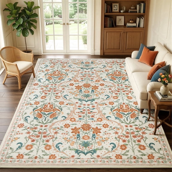 WANLISELL 8'x10' Area Rug for Living Room, Non Slip Washable Rugs Carpets, Bedroom Farmhouse Vintage Distressed Rugs for Bedroom, Beige Orange