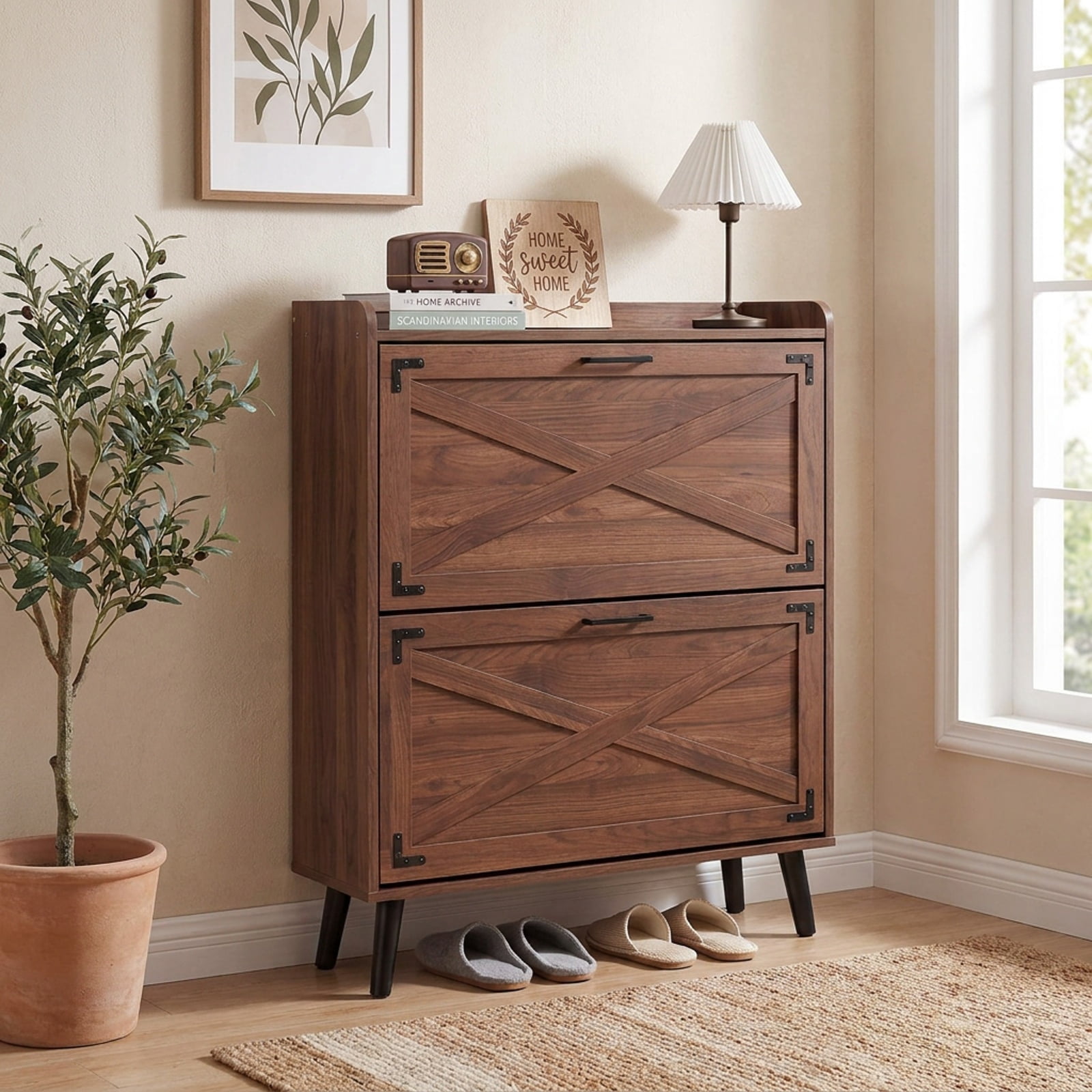 Furnibear Narrow Shoe Cabinet with 2 Flip Drawers Adjustable Removable Shelves and Barn Door Accents for Entryway and Hallway, Brown