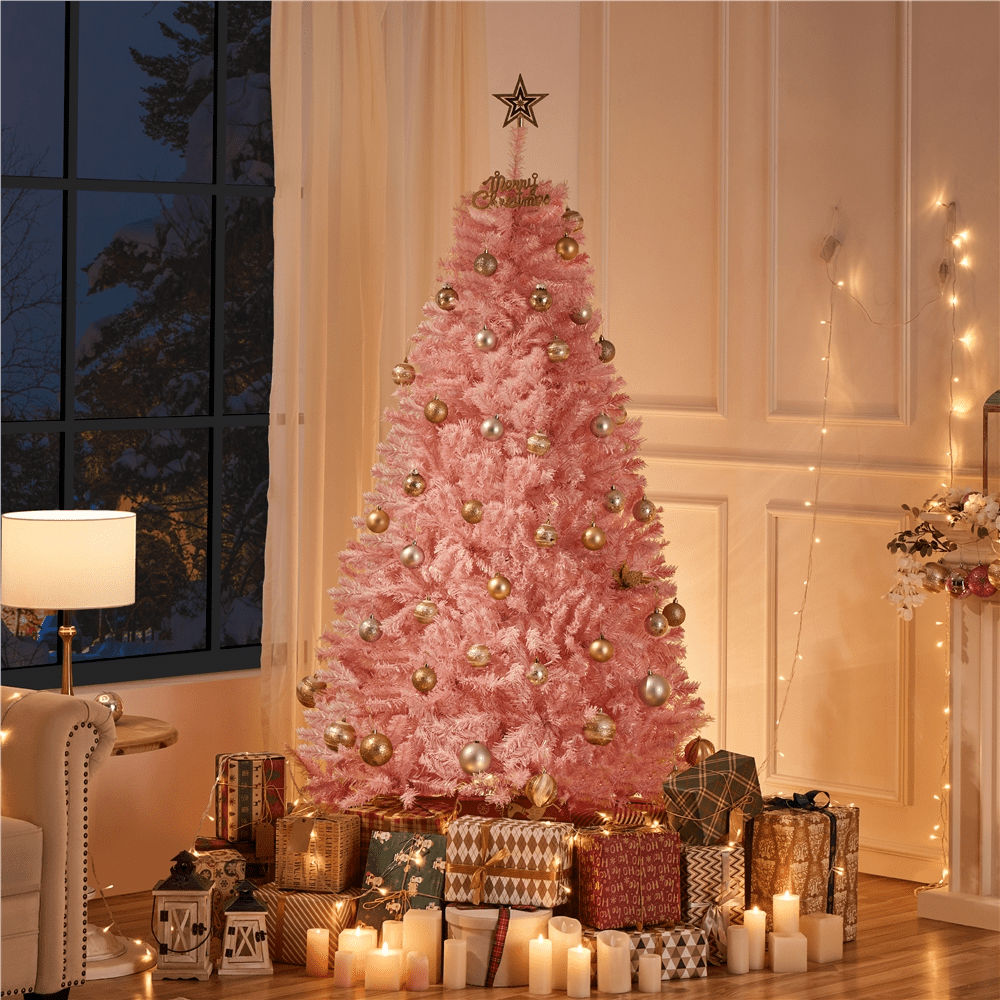 Alden Design 6FT Hinged Fir Artificial Christmas Tree with Foldable Stand, Pink
