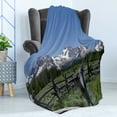thumbnail image 4 of Idaho Soft Flannel Fleece Throw Blanket, Sawtooth Mountains Snowy Peaks Meadow Landscape Photo, Cozy Plush for Indoor and Outdoor Use, 50" x 60", Army Green Sky Blue, by Ambesonne, 4 of 5