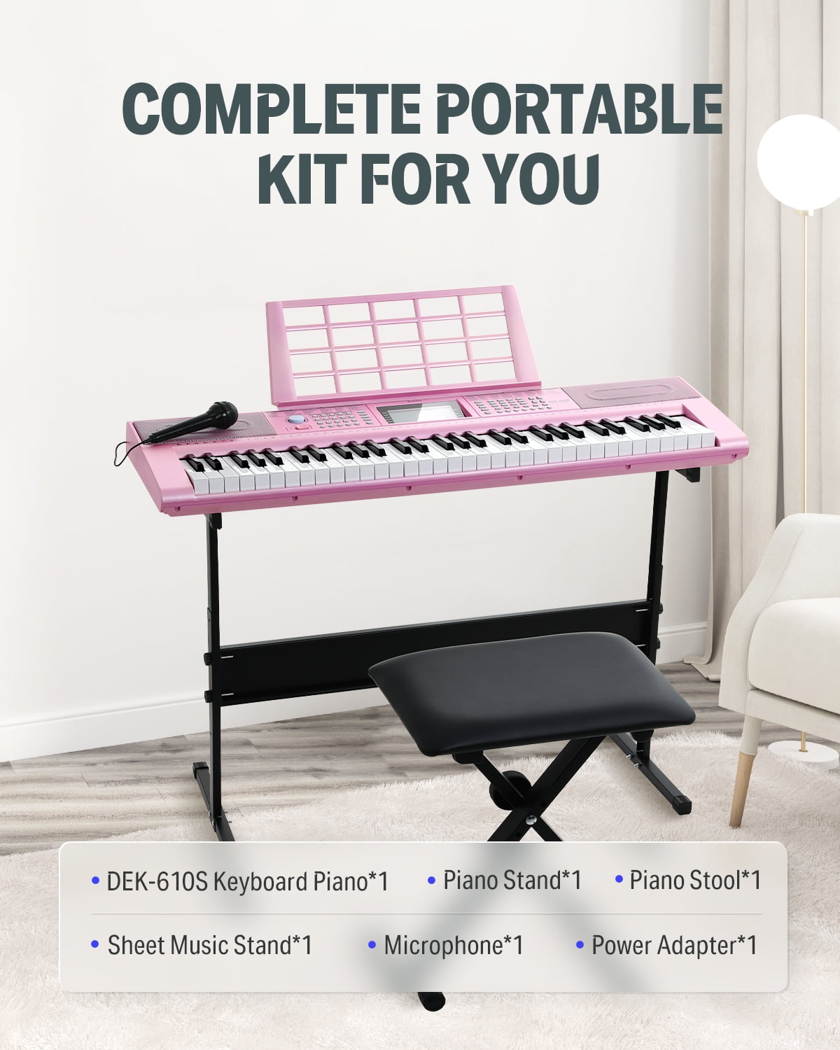 Donner New 61 Key Piano Keyboard Electric Keyboard Bundle for Beginners, with Piano Stand, Stool, Microphone, Perfect Gift for Daughter, Pink (DEK-610S)