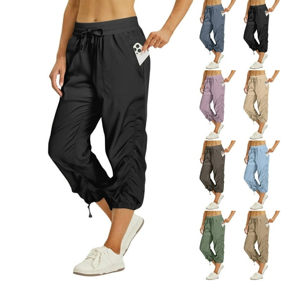 BRDFRL Women's Quick-Dry Capris Hiking Travel Pants Striped Woven Workout Pants with Pockets Lightweight Army Green L