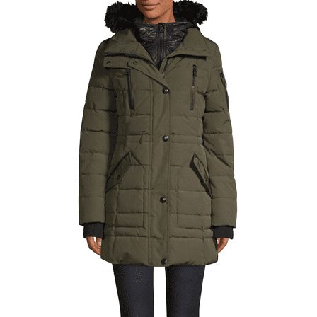 Guess Quilted Bib & Faux Fur-Trimmed Hooded Anorak (Medium, Olive)