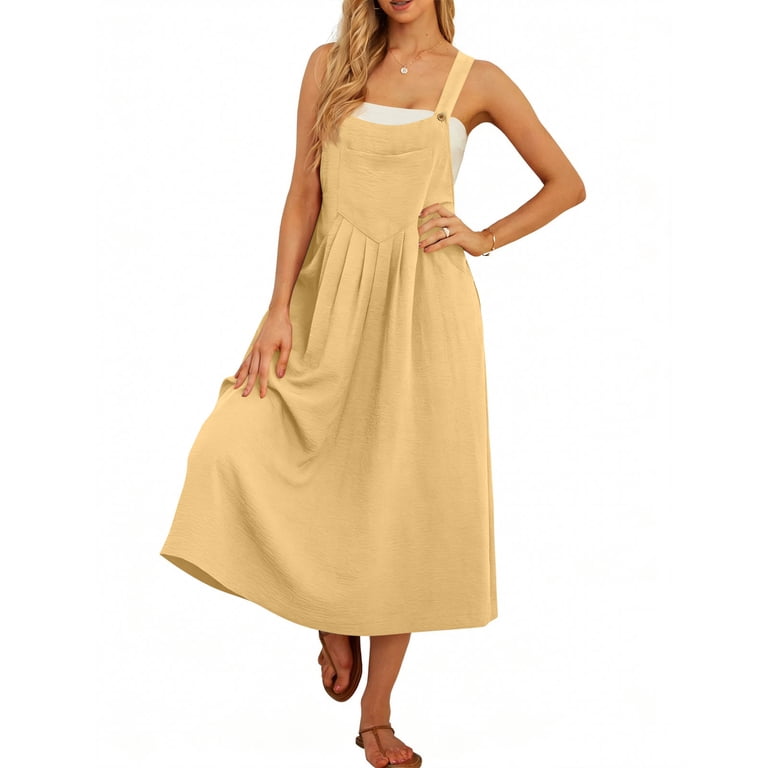 Overall Dress for Women Summer A Line Loose Maxi Beach Dresses Adjustable  Strap Pinafore Dress with Pockets Yellow XL - Walmart.com