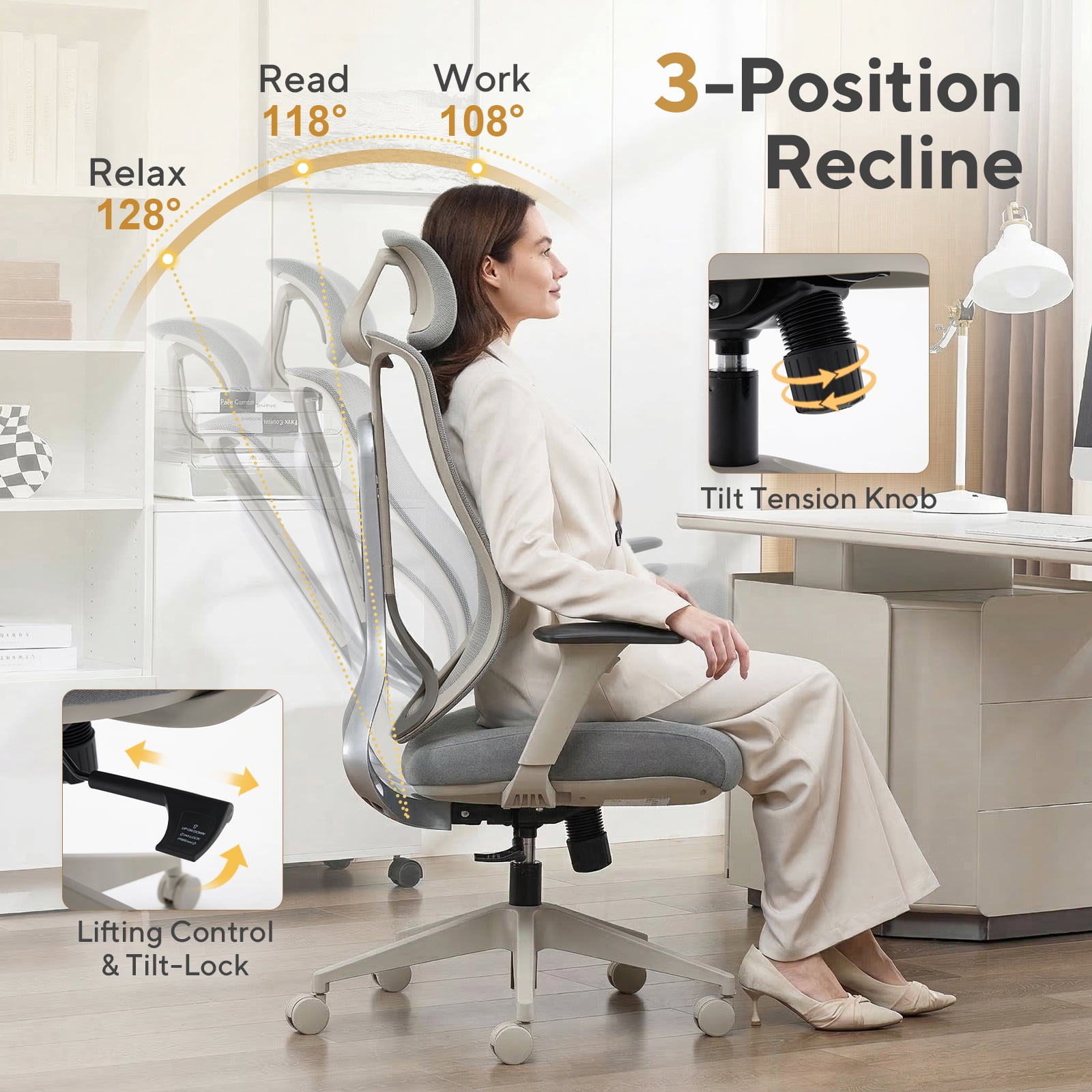 Nouhaus Strato, Gray Mesh, Ergonomic High Back Office Chair with 10-Level Height Adjustment & 3D Armrests for Home Office & Study