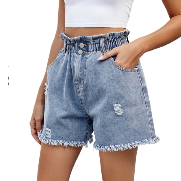 Pantalones cortos de mezclilla rasgados for mujer, cintura elástica lavada, corte con curvas, pantalones vaqueros desgastados, pantalones vaqueros con bordes de cintura a la moda