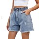 thumbnail image 1 of Pantalones cortos de mezclilla rasgados for mujer, cintura elástica lavada, corte con curvas, pantalones vaqueros desgastados, pantalones vaqueros con bordes de cintura a la moda, 1 of 7