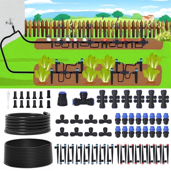 TERRALYX 230ft Drip Irrigation System with Quick-Connect,33ft 1/2" Mainline 197ft 1/4" Tubing Drip Irrigation Kit and 3 Nozzle Types Irrigation System for Garden,Flower Bed,Raised Bed,Greenhouse