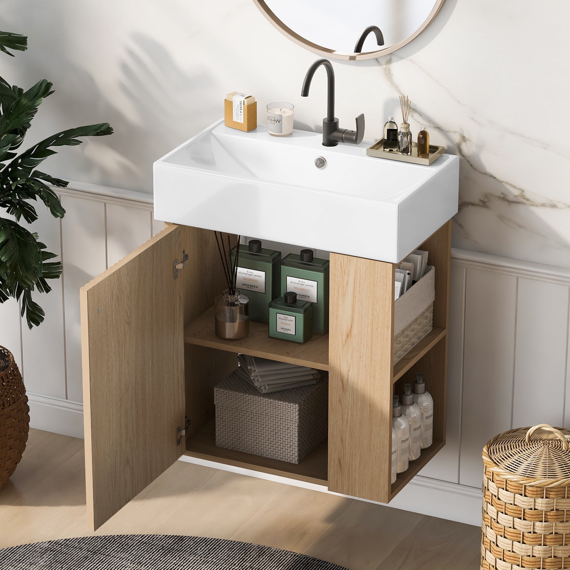 21.6" Floating Bathroom Vanity with Ceramic Basin - Perfect for Small Bathrooms, Right side storage