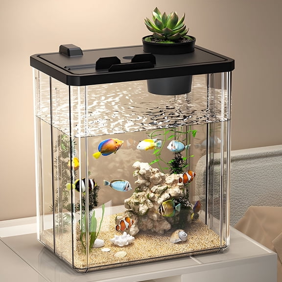 ACDANC Small Fish Tank, Desktop Mini Betta Bowl with Water Pump and LED Light, Clear Acrylic Aquarium Kit with Artificial Plants and Stones for Home Office Tabletop