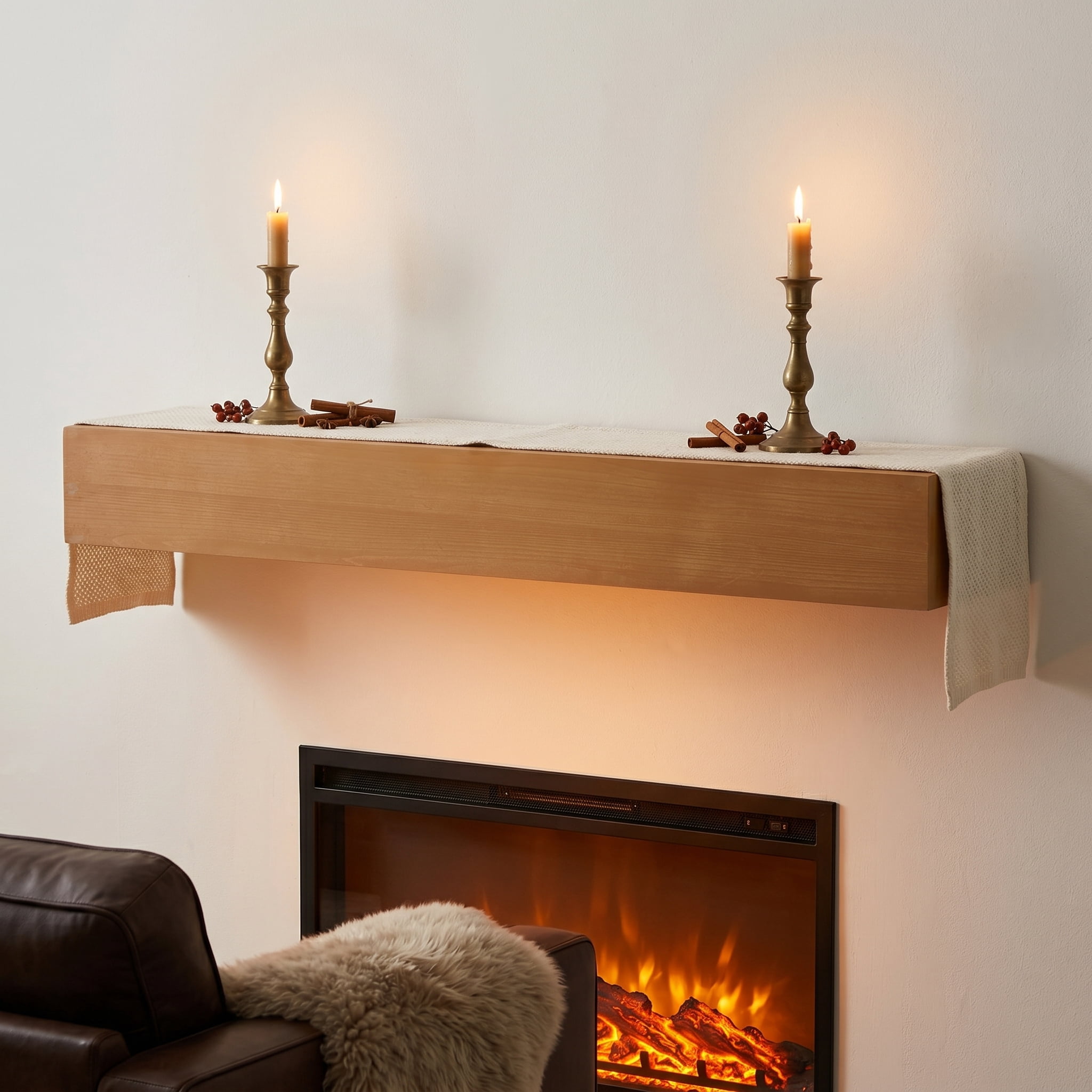 60-Inch Wall-Mounted Fireplace Mantel Shelf with Flat Surface, Solid Wood Floating Shelf and Decor Display Rack, Light Brown