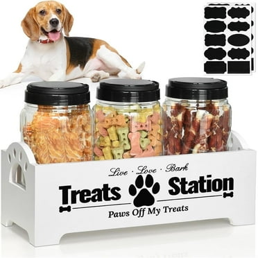 Storage Containers Dog Food, Snack Containers for Dog Treats, Farmhouse Wood Dog Treat Holder with 3 Plastic Cat Dog Treat Jars, Pet Food Can Covera, Treat Jars for Dog Biscuits