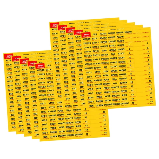 10 hojas de etiquetas adhesivas para paneles eléctricos, impermeables, fáciles de leer e instalar. Amarillo