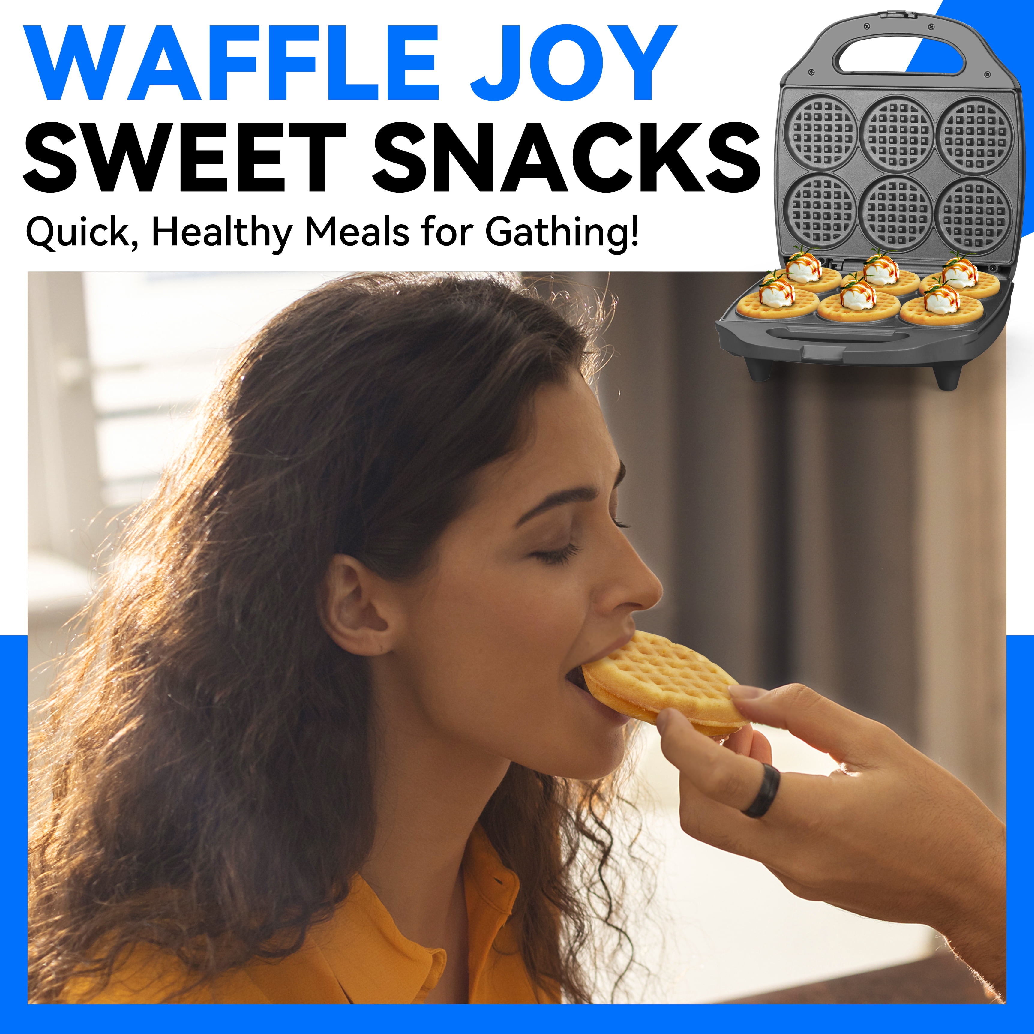 Mailand 6 x 3'' Multi Mini Waffle Maker Machine, Small Waffle Iron, Perfect for Families and Individuals Use, Non-Stick, 900W, Black