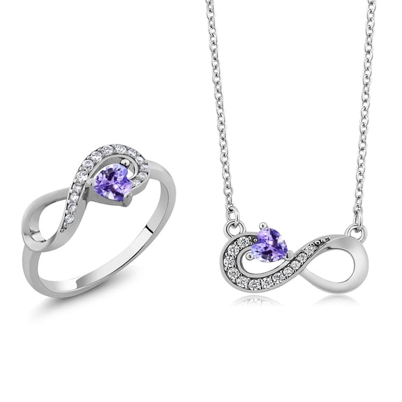 Gem Stone King 925 Silver Blue Tanzanite Infinity Ring Pendant Jewelry Set for Women (0.71 Cttw, Gemstone December Birthstone, Heart 4MM, with 18 inch Silver Chain)