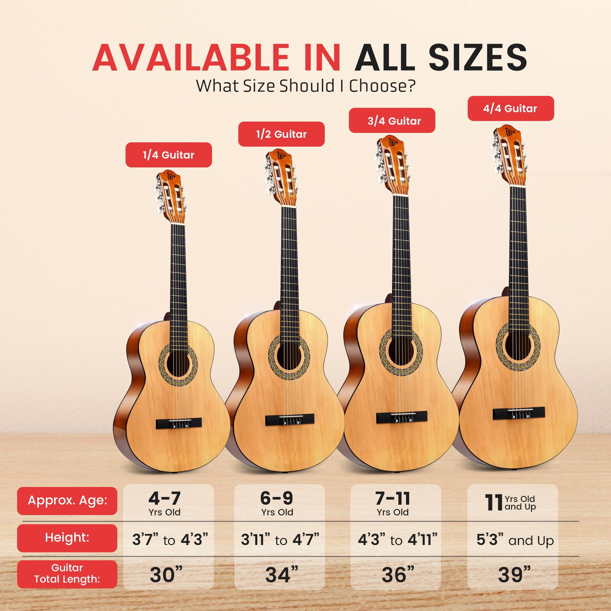 Beginner Acoustic Guitar Kit, 3/4 Junior Size All Wood Instrument, 36" Natural Wood Gloss, Right-Handed
