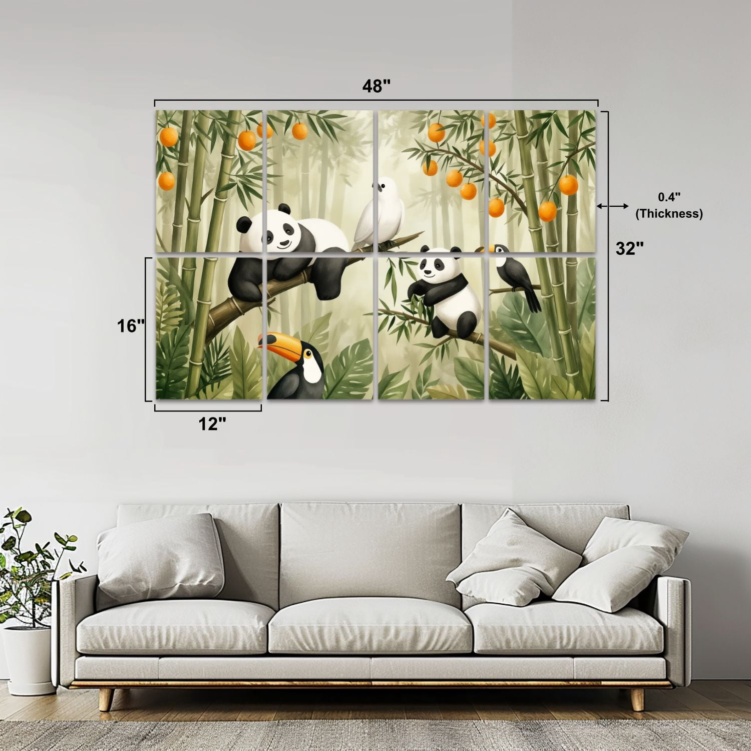 8 Pack Art Acoustic Panels Sound Absorbing Playful Pandas Tropical Birds Bamboo Forest Decorative Soundproof Wall Panels Self Adhesive for Nursery Game Room Bedroom 48"x32"