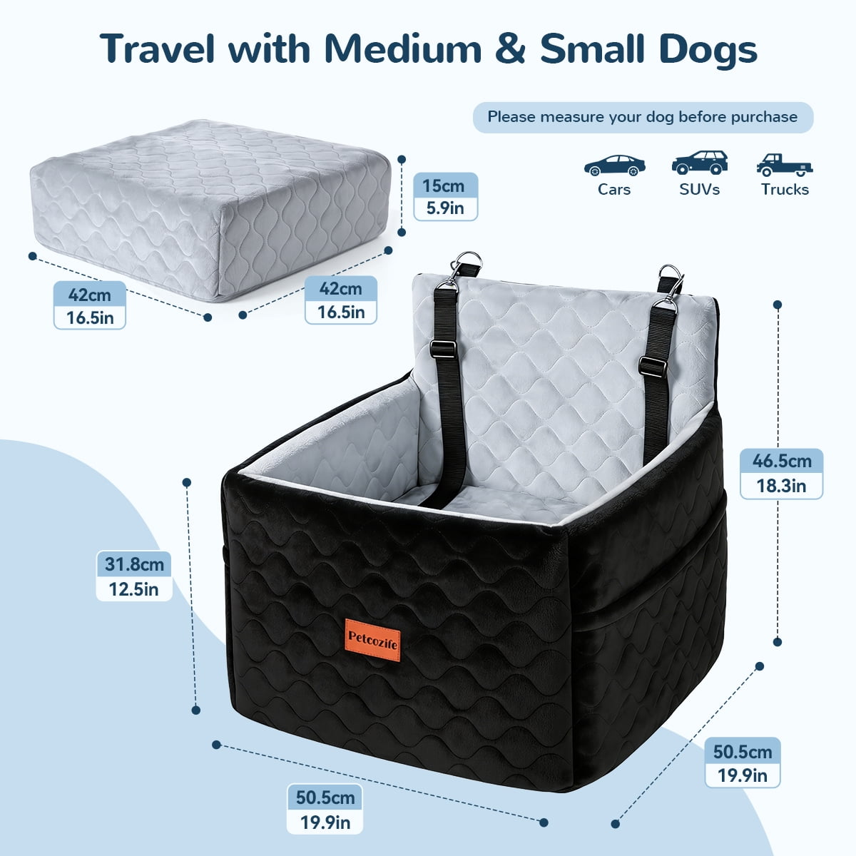 Dog Booster Car Seat for Small/Medium Dogs Up to 35lbs, DOMIPET Pet Car Travel Bed with Storage Pockets & Safety Belt, Elevated Cushion Fully Detachable and Washable