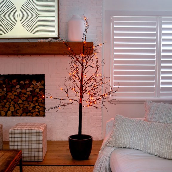 Nearly Natural 6ft. Pre-Lit Halloween Deluxe Black Twig Artificial Fall Tree with 156 Orange