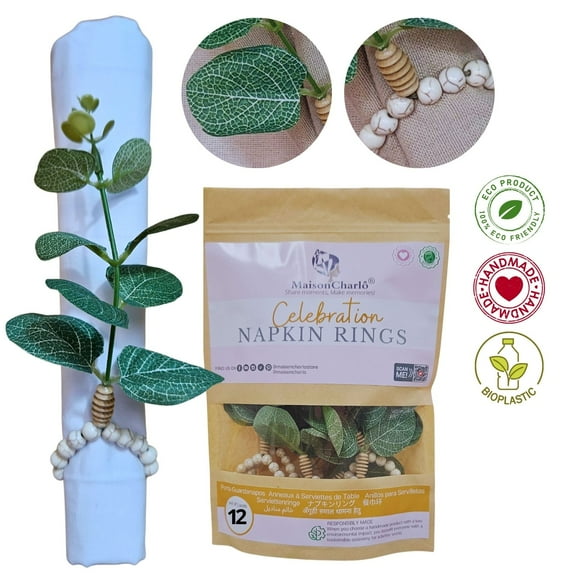 Maison Charlo | Set 12 Leaf Eucalyptus Farmhouse Napkin Rings for Celebration Thanksgiving, Christmas, New Year, Weddings, Party Table Decor