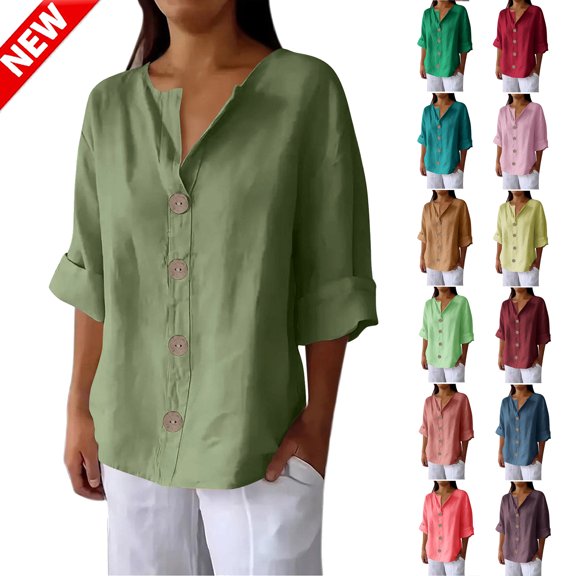 Tqyyweavej Women's Linen Button Down Shirts Henley 3/4 Length Sleeve V Neck Blouses Folded Hem Solid Color Loose Tops Size S to 4XL