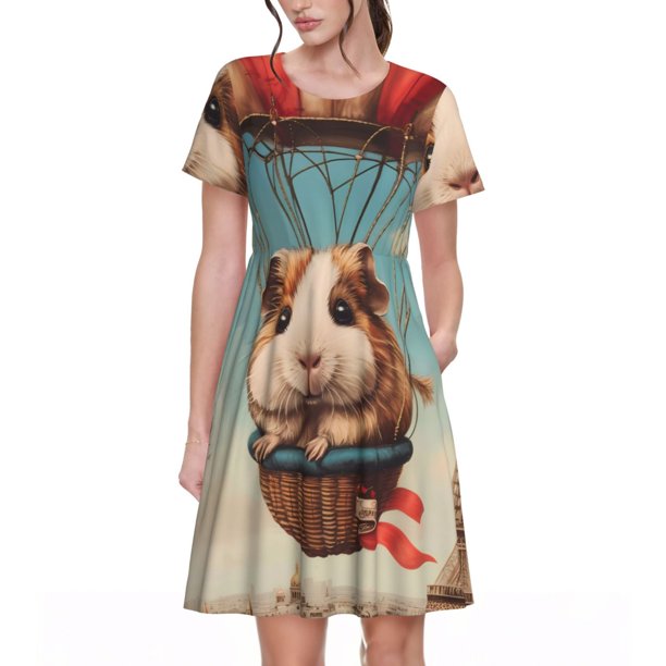 Balery Hot Air Balloon Guinea Pig Vestidos sueltos de manga corta para mujer, vestidos de verano 2025, vestidos casuales de corte A con vuelo.