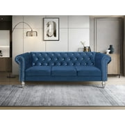 Home Design Emma Contemporary Velvet Rolled Arm Chesterfield Sofa with Diamond Button Tufted Back and Nailhead Trim, Wood-Turned Legs, Modern Luxury, Blue