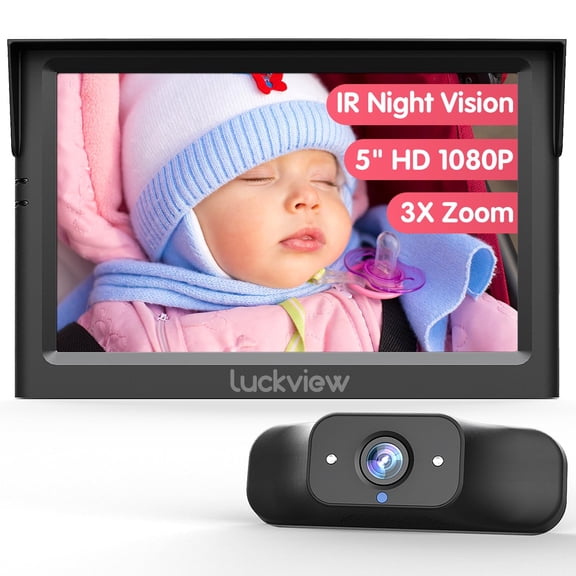 LUCKVIEW BM1 Cámara para Coche de Bebé, Monitor de Espejo 1080P de 5'' con Visión Nocturna por Infrarrojos, Zoom 3X más Cercano, Vista Completamente Clara para el Asiento Trasero Orientado hacia Atrás