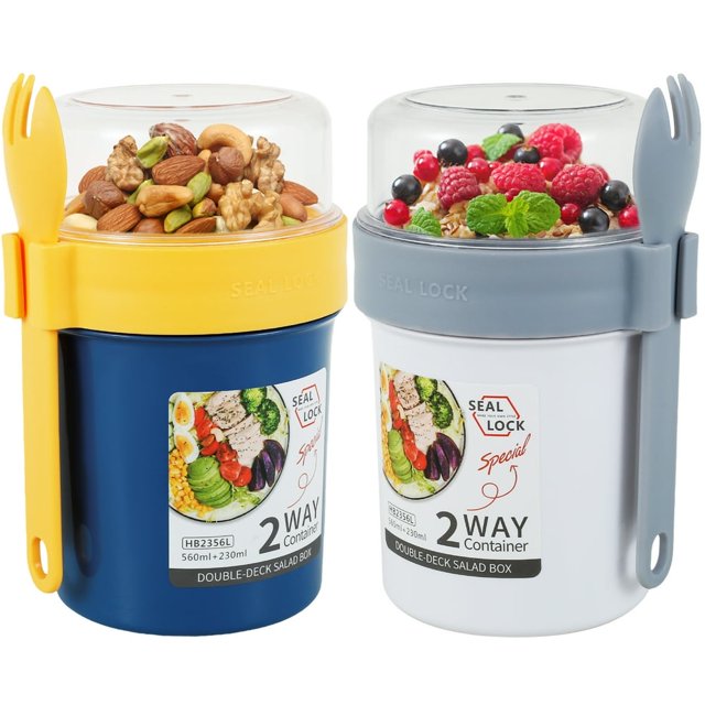 2Pcs Overnight Oat Cups with Lid Spoon 790ml Double Layer Breakfast Salad Cups Portable Sealed Overnight Oat Jar Reusable Lightweight On The Go Yogurt Pots for Fruit Salad Cereals