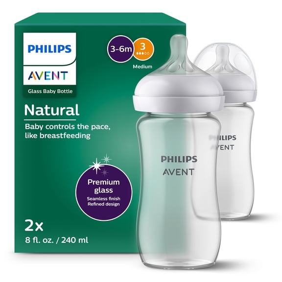 Philips Avent Natural Glass Baby Bottles, Medium Flow Nipple (Flow 3), 8oz, Anti-colic Valve, 2 Pack