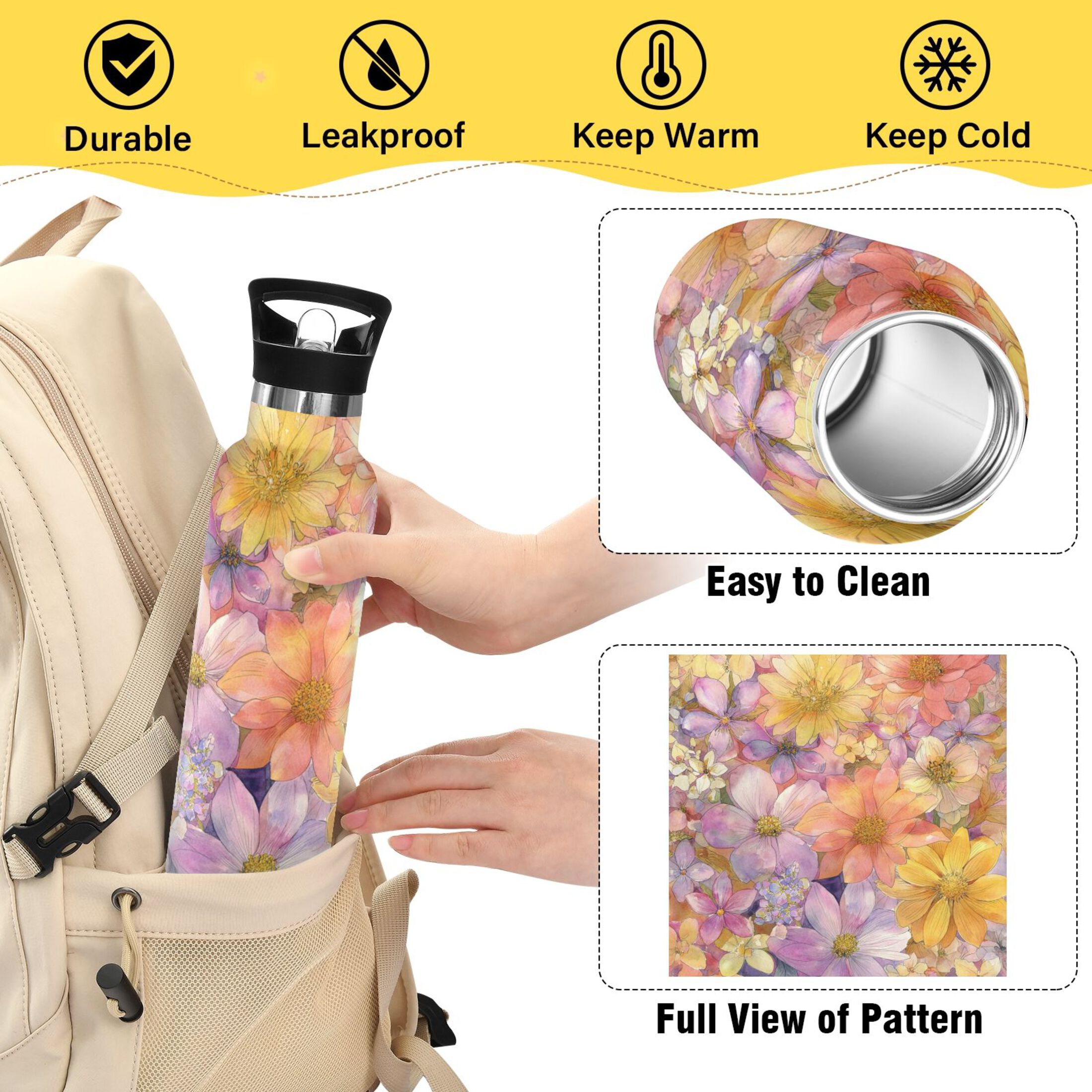 Kids Insulated Stainless Steel Sports Water Bottle 600ml (20oz) Summer Blossoms