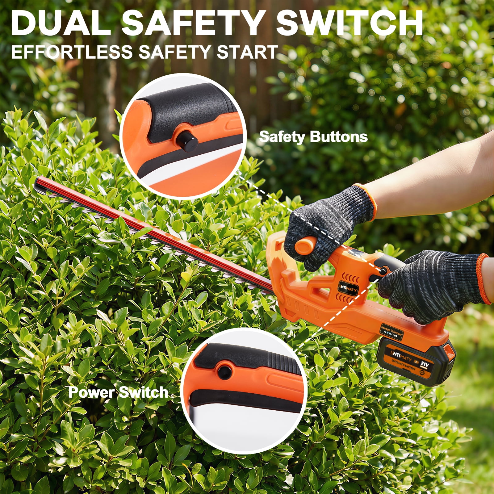 21V Cordless Hedge Trimmer with 21" Dual-Action Blade, UNTIMATY Electric Hedge Cutter with 3.0Ah Battery and Fast Charger for Garden, Shrub, Grass and Lawn, Orange