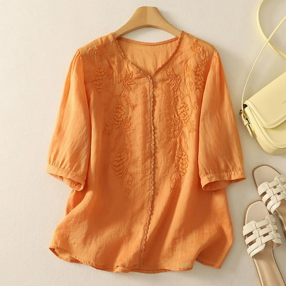 Aobny Orange Womens Tshirt Button Up Embroidered T-Shirt Elbow-Length V-Neck Tshirts for Women,L
