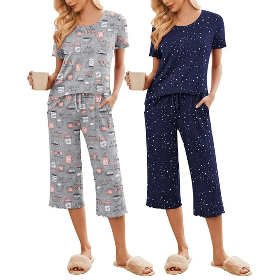 Ekouaer 2 Pack: Women's Set Short Sleeve Pj Top Capri Pants - Pajamas Sets Lounge & Sleepwear Set Navy Star/Coffee
