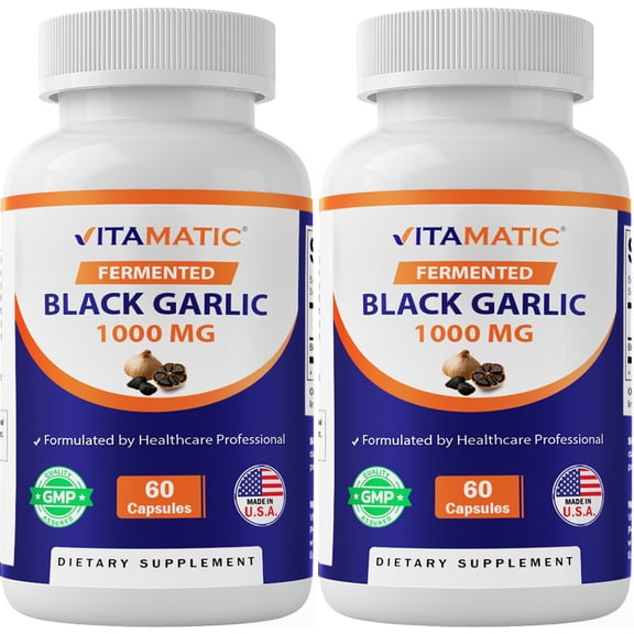 2 Pack - Vitamatic Fermented Black Garlic Extract 1000 mg 60 Capsules - Non-GMO, Gluten Free - Antioxidant and Cholesterol Support (Total 120 Capsules) 1000mg