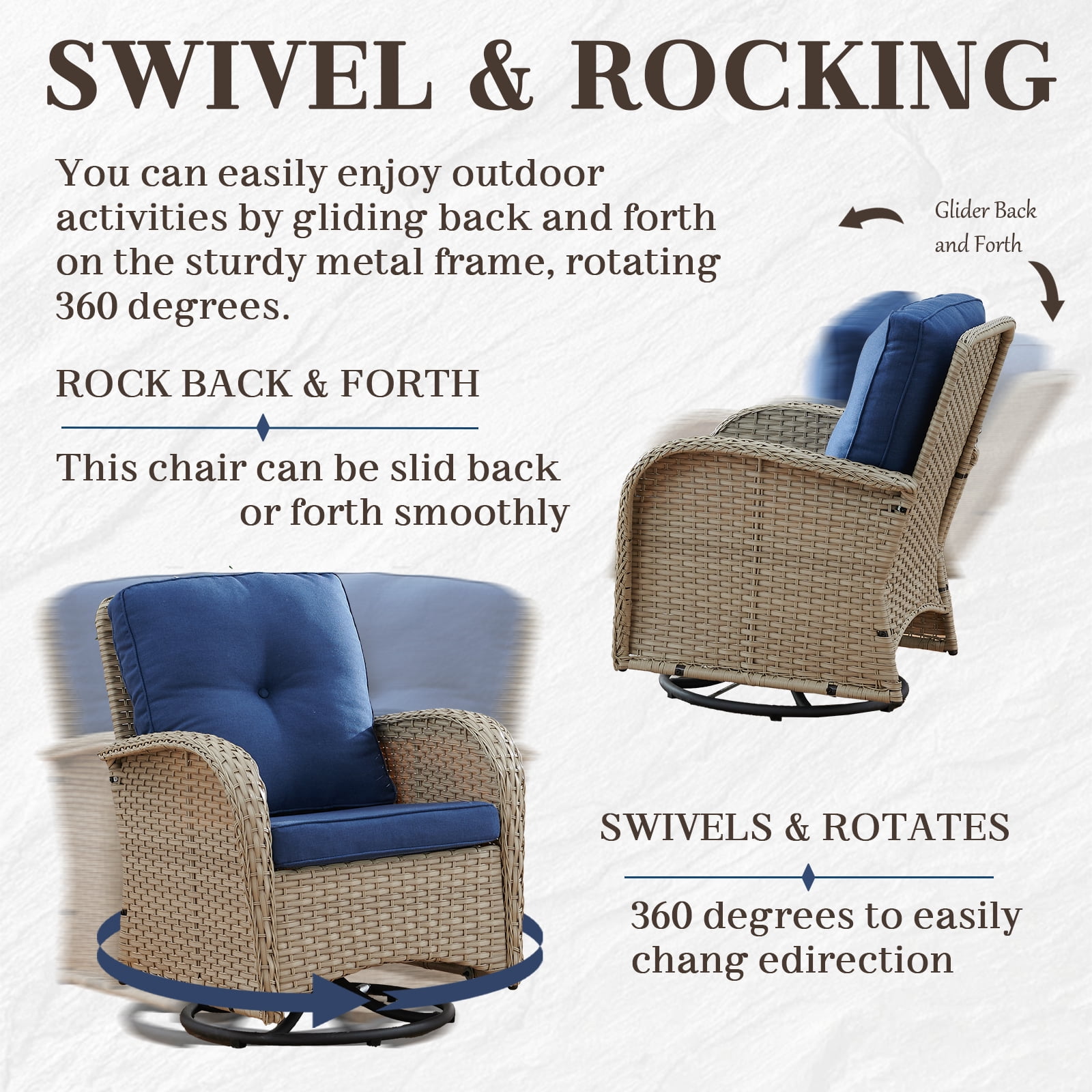 PARKWELL 3 Pieces Outdoor Swivel Gliders Rocker Set,High Back Wicker Patio Chairs with Side Table,Light Gray Rattan Deep Seating Furniture with Non-Slip Navy Cushion for Porch Deck Backyard