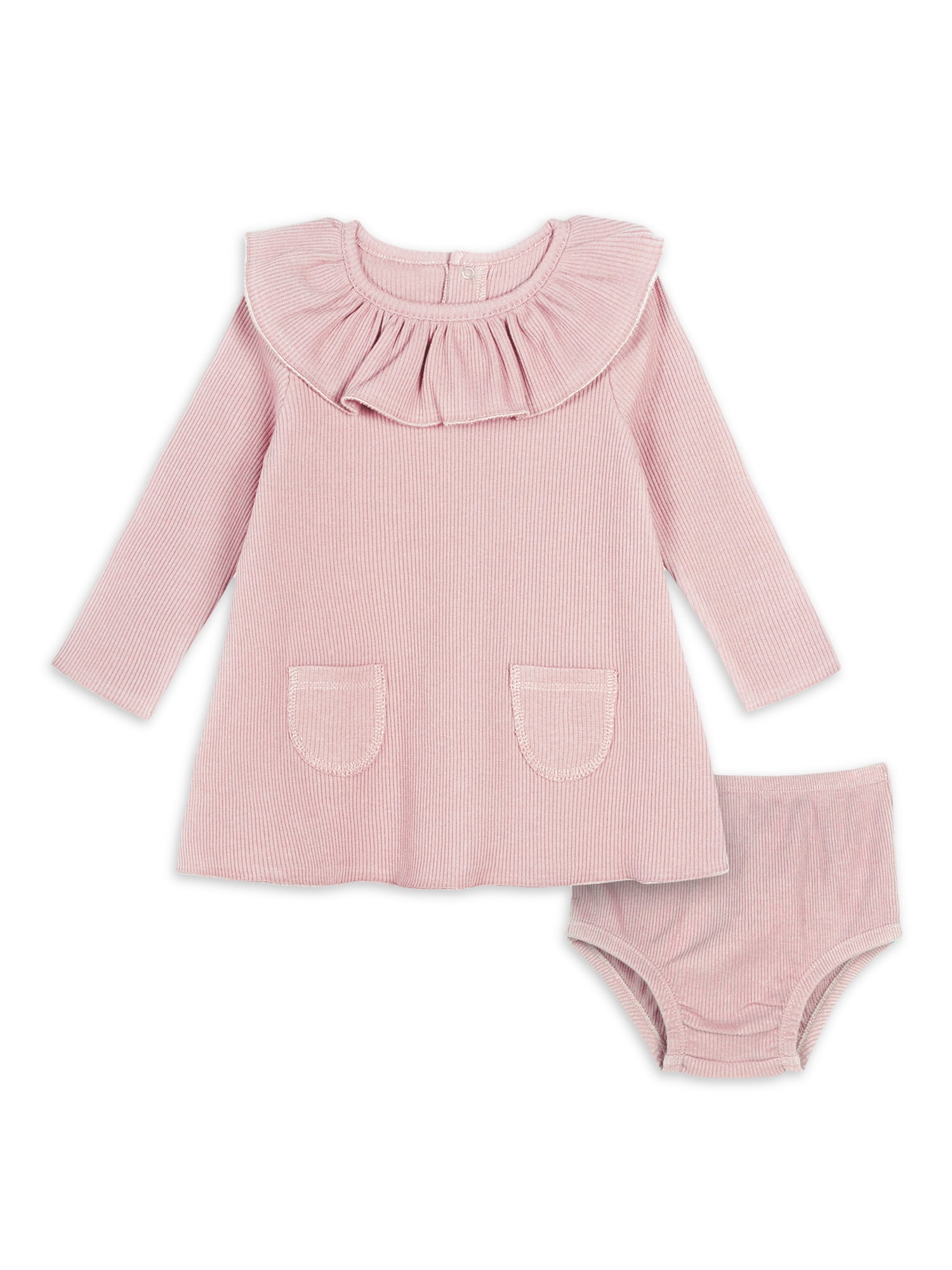 Modern Moments by Gerber Baby Girl Ribbed Long Sleeve Dress & Diaper Cover Outfit Set, 2 Piece, Sizes 0/3-24 Months