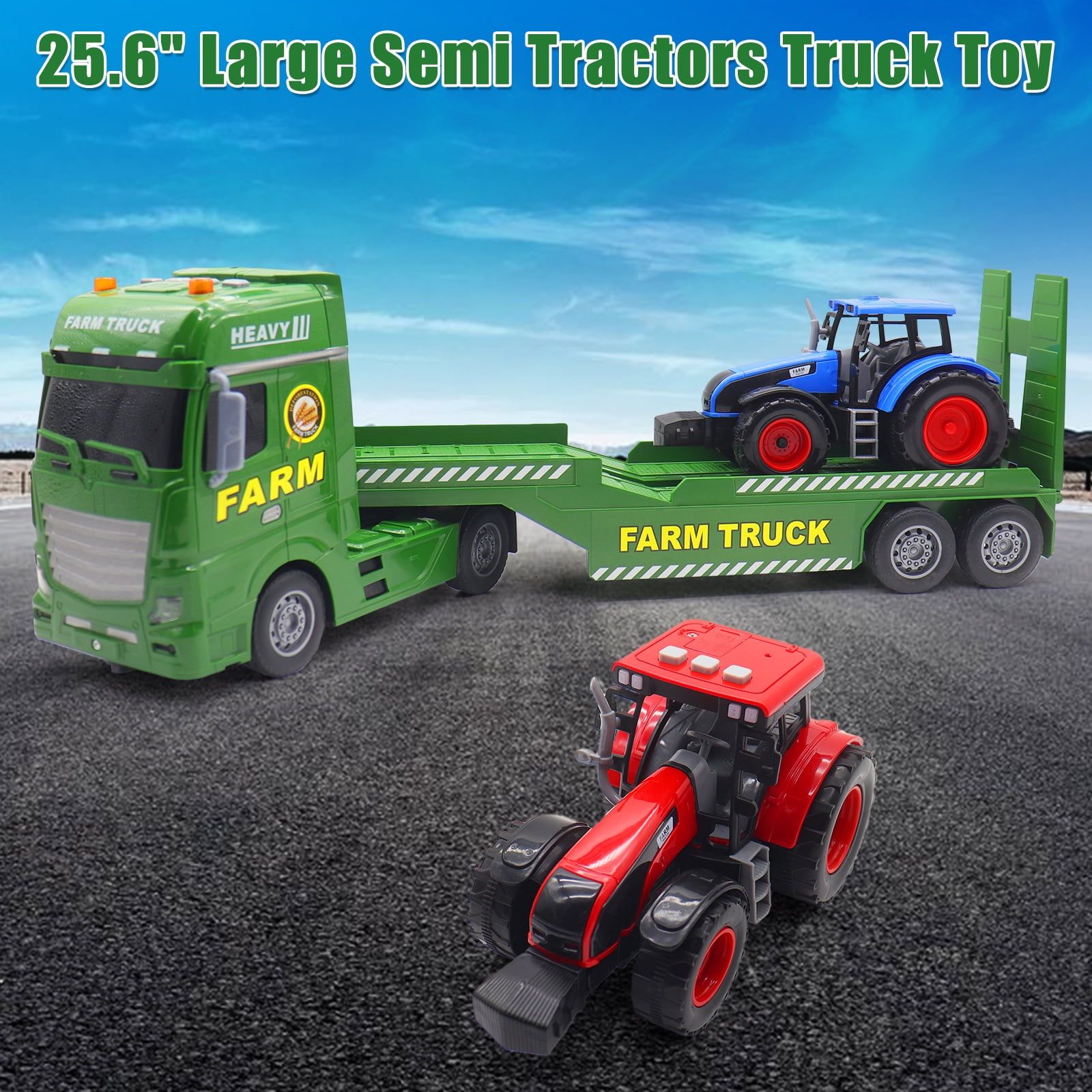 3 in 1 Large Farmer Truck Toy, 25" Semi Flatbed Truck Toy with 2 Tractors, Friction Powered Vehicles Toys with Lights and Sounds