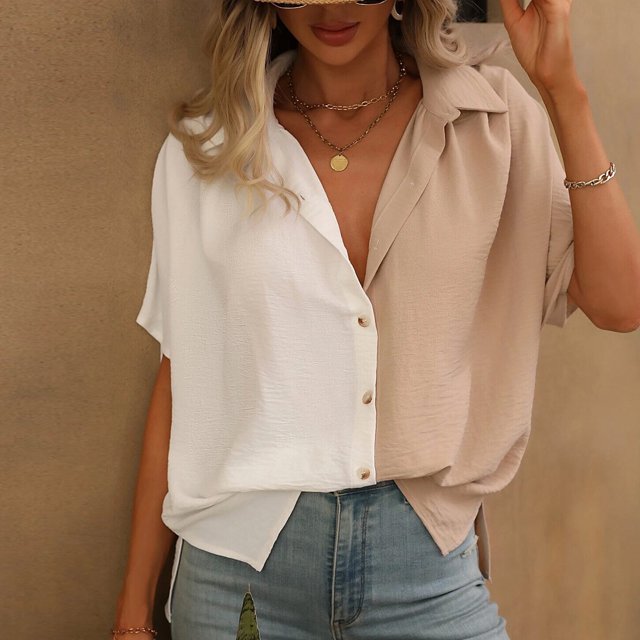 Blouses pour Femmes, Mode Décontractée Col en V Manches Courtes Bouton Col Rabattu Haut Blouse