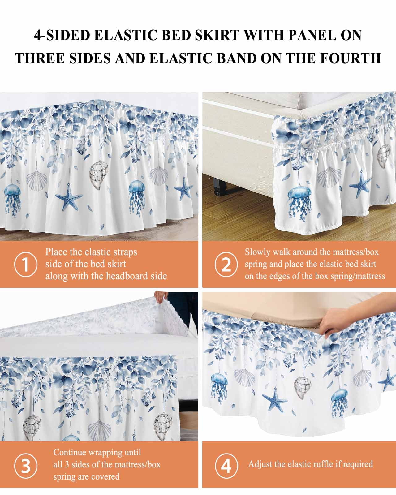 Blue Coastal Wrap Around Bed Skirts for King Bed 18" Drop,Bed Skirt with Adjustable Elastic Belt Dust Ruffle Bed Valance Summer Eucalyptus Leaves Beach Ocean Starfish Nautical Bed Frame Cover
