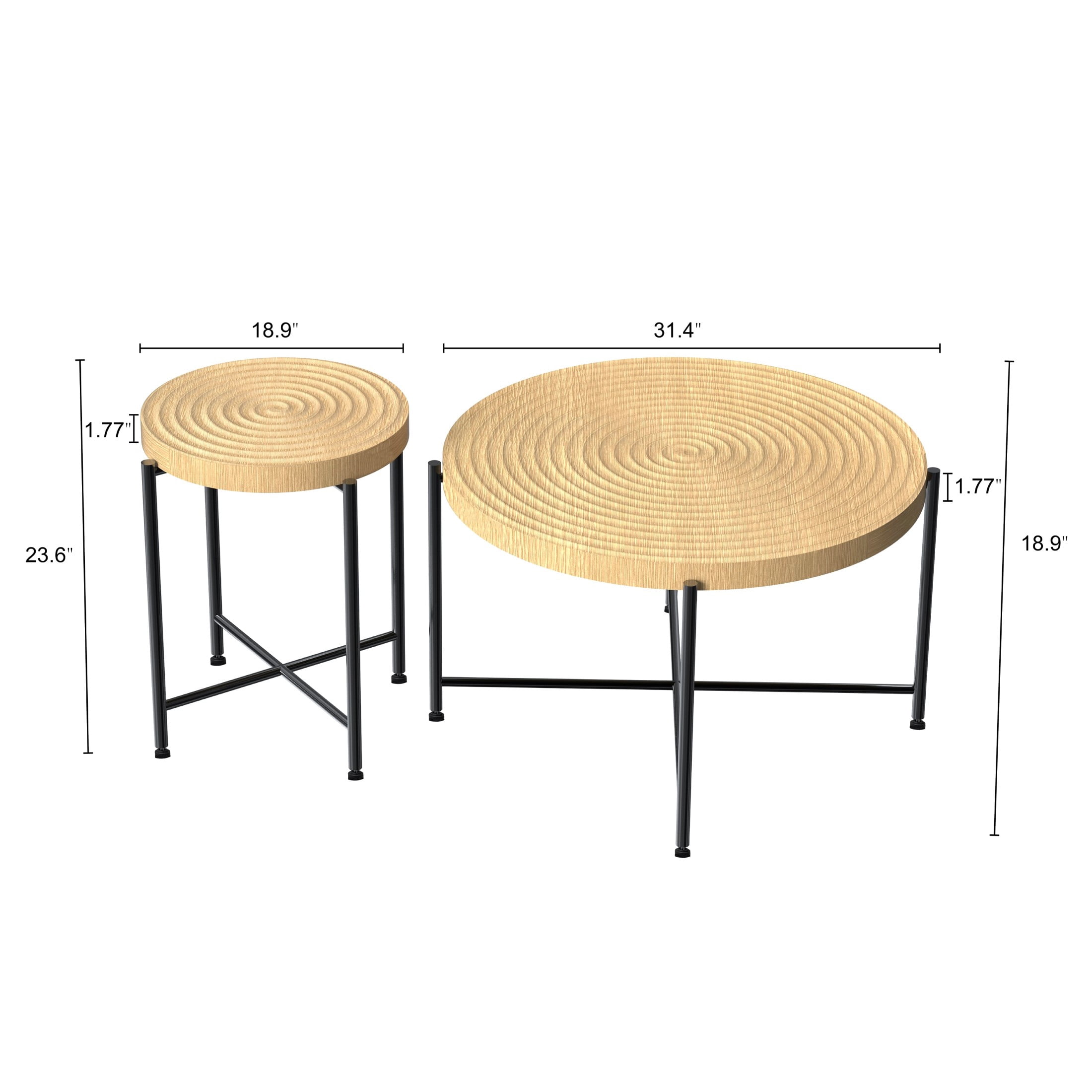 GDF Studio 2-Piece Coffee and End Table Set with Radial Ring Pattern Tabletops, Black Metal Legs, Natural Oak
